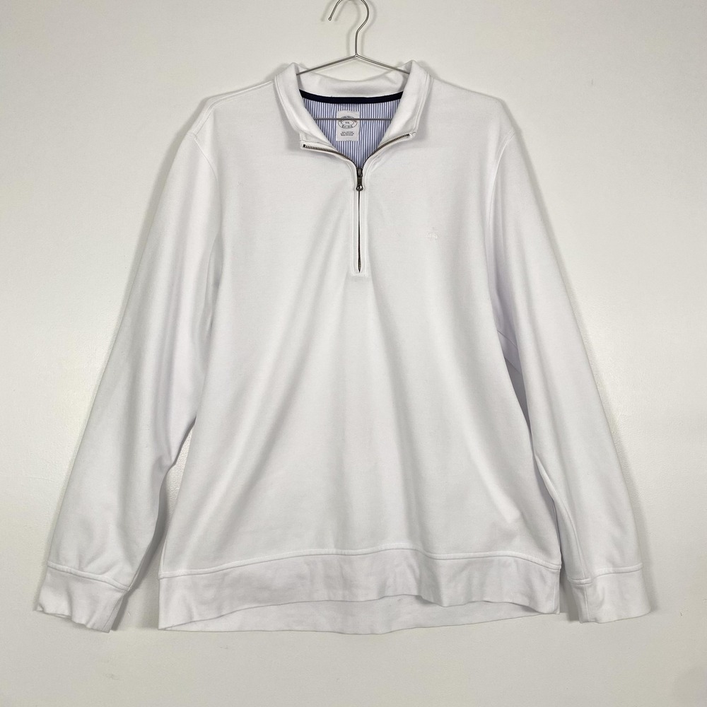 Brooks Brothers Sweater Mens 2XL White 1/4 Zip Mock Neck Knit Pullover Logo
